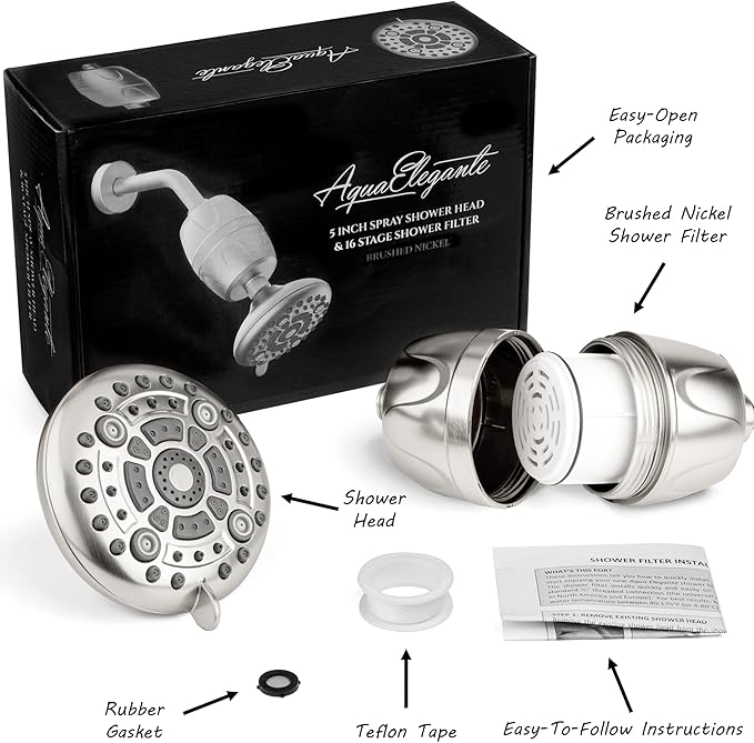 Aqua Elegante High Pressure Shower Head & Filter - Adjustable Water Saving Showerhead For Low Flow Showers With Bath Filters To Remove Chlorine + Hard Minerals, 2.5 GPM - Brushed Nickel