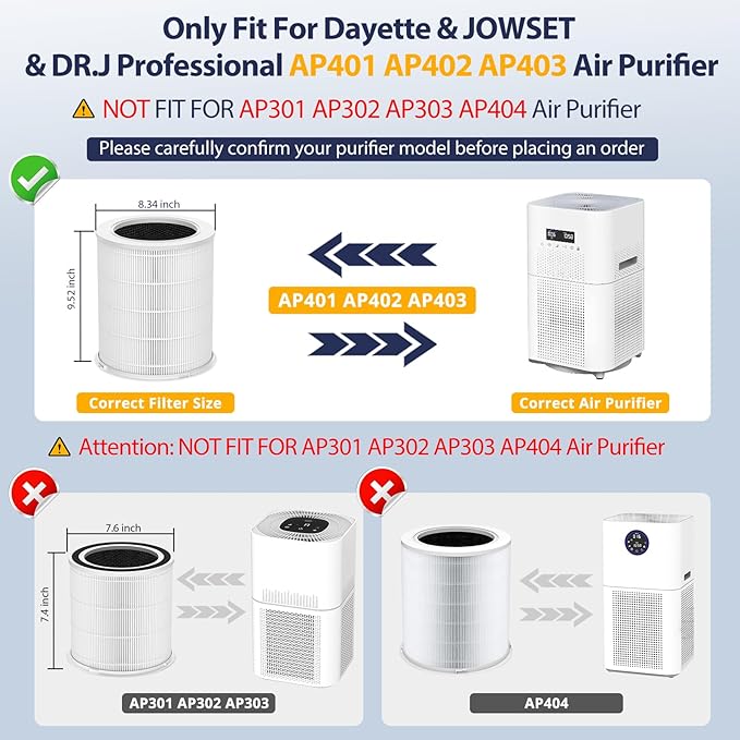 AP401 AP402 Filter Replacement, Compatible with Dayette AP401 AP402 and JOWSET AP402 AP403 Air Purifier for Large Room up to 3000Ft², Efficient Air Filter, 4-Stage Filtration System, 2 Pack