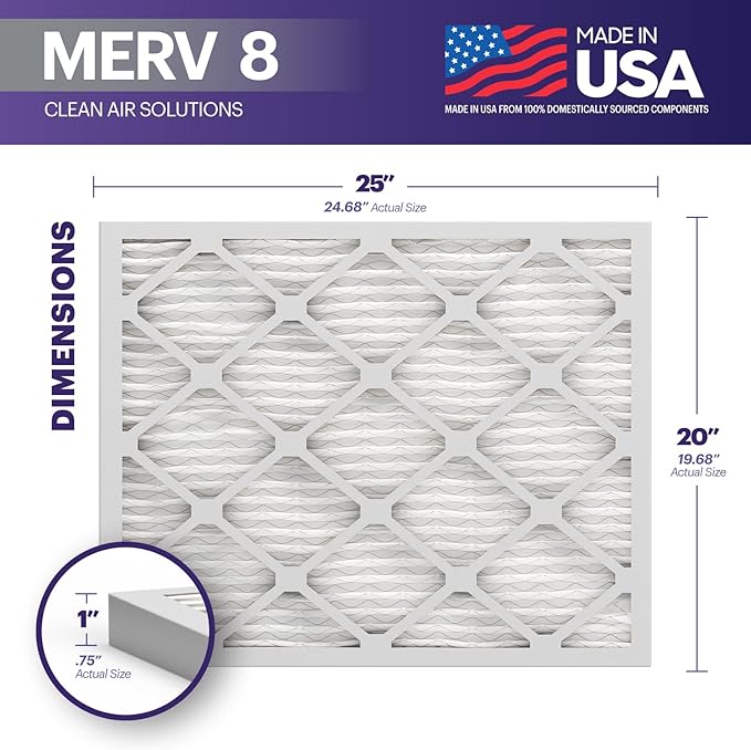BNX TruFilter 20x25x1 Air Filter MERV 8 (12-Pack) - MADE IN USA – Dust & Pet Defense Electrostatic Pleated Air Conditioner HVAC AC Furnace Filters for Dust, Pet, Mold, Pollen MPR 600 – 700 & FPR 5