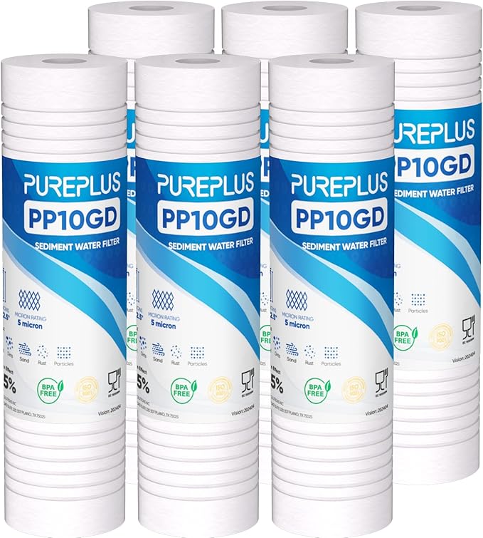 PUREPLUS 5 Micron 10" x 2.5" Whole House Sediment Home Water Filter, Grooved Sediment Replacement Cartridge for Any 10 inch RO Unit,AO-WH-PREV-R2, Aqua-Pure AP110, Aquaboon AB-SGR5M, GE GXWH20S, 6Pack