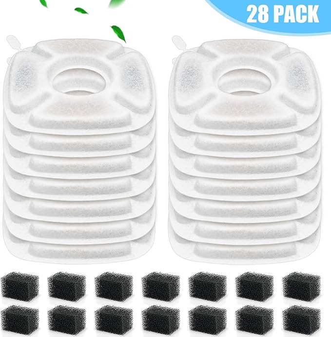 28 Pack Pet Water Fountain Filters, 14 Pcs Replacement Cat Filters & 14 Pcs Pre-Filter Sponges for 95oz/2.8L 135oz/4L 67oz/2L Automatic Pet Cats Dog Water Fountain Dispenser