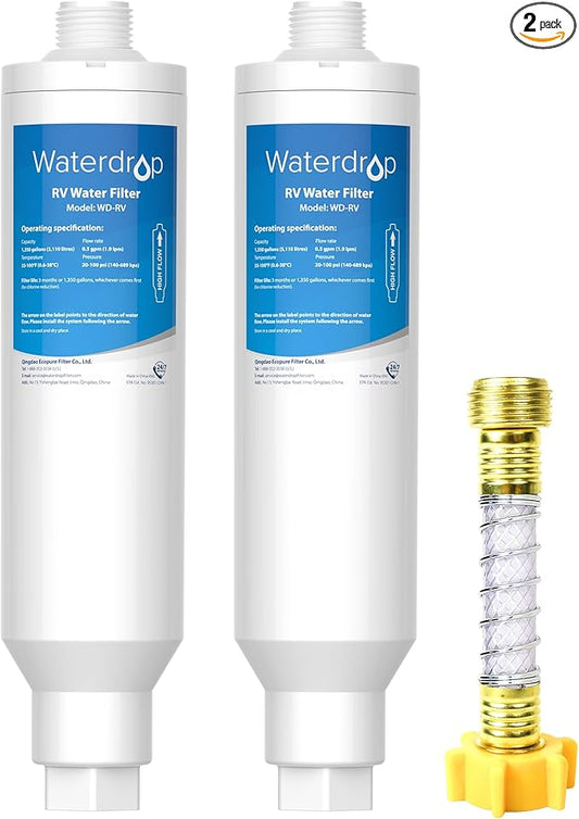 Waterdrop RV/Marine Water Filter with 1 Flexible Hose Protector, Camper Water Filter, Garden Hose Filter, NSF Certified, Greatly Reduces Chlorine, Bad Taste, Odor, 2 Pack