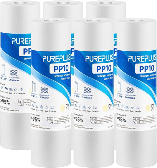 PUREPLUS 20 Micron 10" x 2.5" Whole House Sediment Home Water Filter Cartridge Replacement for Any 10 inch RO Unit, Culligan P5, Aqua-Pure AP110, Dupont WFPFC5002, CFS10, WHKF-G05, 6Pack