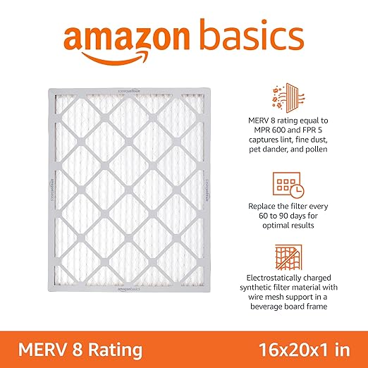 Amazon Basics 16x20x1 Air Filter 6 Pack, MERV 8 AC Furnace Filters (Actual Size: 15.75" x 19.75" x 0.75")