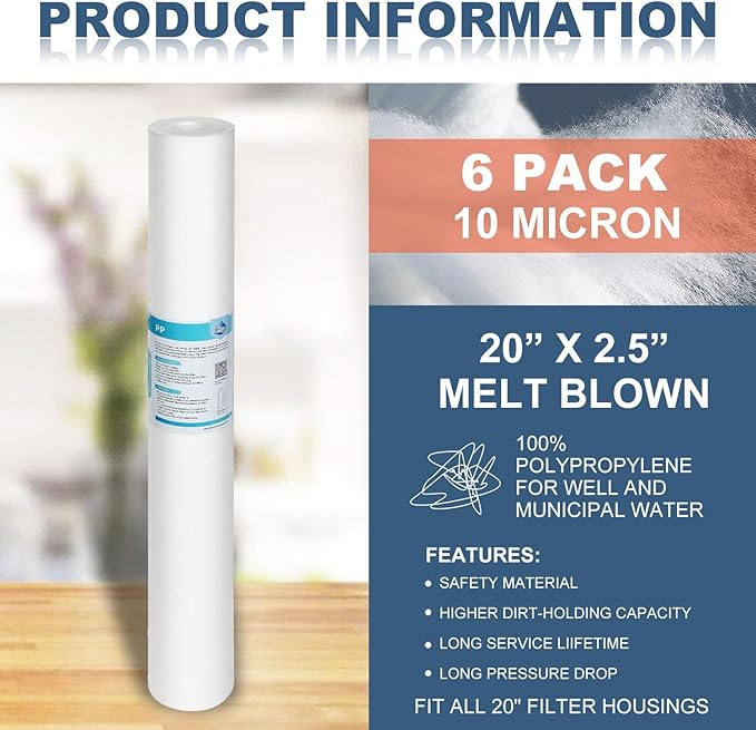 Membrane Solutions 10 Micron Sediment Water Filter Replacement Polypropylene Cartridge 20"x2.5" for Whole House Filter System - 6 Pack