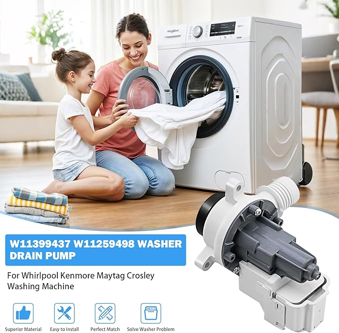 W11399437 W11259498 Washer Drain Pump B25-3A04 Compatible with Whirlpool Kenmore Maytag Crosley Washing Machine Drain Pump Replacement Parts 4961028 AP6974144 PS12731241 EAP12731241