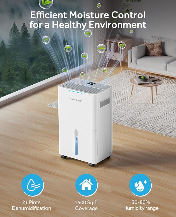1500 Sq.ft Dehumidifier for Basement, MAX 21 Pints Dehumidifiers for Home with Drain Hose, Smart Humidity Control, 3 Modes for Bedroom and Bathroom, Dry Clothes, 24H Timer (White)