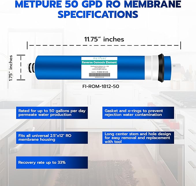 Reverse Osmosis Membrane Filter 50 GPD 11.75" x 1.75" Replacement Fits Under Sink RO Drinking Water Purifier System in RO Membrane Water Filter