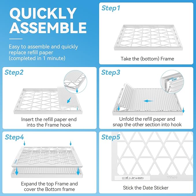 12x12x1 Air Filter, MERV 8,1 ABS Plastic Frame with 1 Pack Refill, Foldable HVAC AC Furnace Air Filters (Pack of 1) (Actual Size:11.75"x11.75"x0.75")