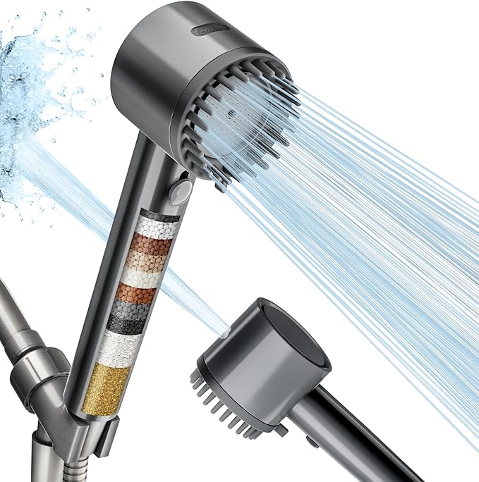 Cobbe Filtered Shower Head with Handheld, High Pressure 5-mode Showerhead with Filters, Built-in Power Wash for Hard Water - Remove Chlorine - Reduces Dry Itchy Skin, Gray