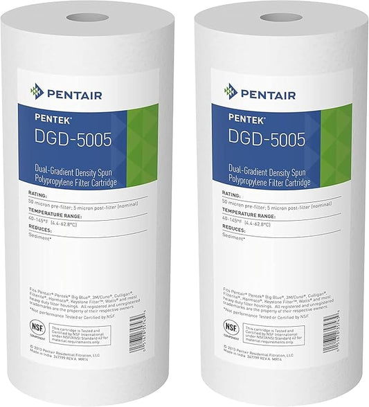 Pentair Pentek DGD-5005 Big Blue Water Filter, 10-Inch Whole House Sediment Filter Cartridge Replacement, Dual-Gradient Density Spun Polypropylene, 10" x 4.5", 5 Micron, Pack of 2