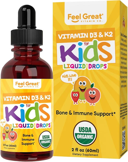 Feel Great USDA Organic Liquid Vitamin D Drops for Infants & Toddlers (2 oz) w/ K2 for Absorption | Vitamin D for Kids Supports Immune Support & Bone Health | Sugar Free, Vegan, Non-GMO & Gluten Free