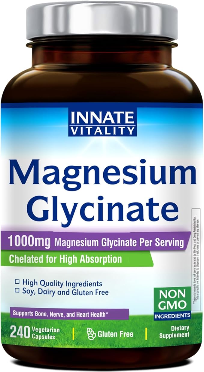 Innate Vitality Magnesium Glycinate 1000mg Per Serving | 140mg Elemental Magnesium Supplement - High Absorption, Non Buffered, Non-GMO & No Gluten - Nerve, Bone & Heart Health - 240 Caps
