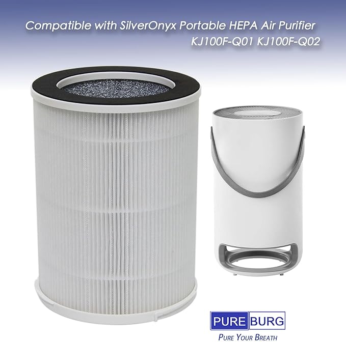 PUREBURG Replacement Filters Compatible with SilverOnyx KJ100F-Q01 KJ100F-Q02 (3-Speed,Portable with Strap) Air Purifier,2-Pack H13 HEPA 3-Stage Filtration Activated carbon