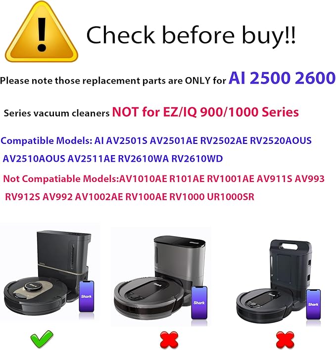 Replacement Parts for Shark AI AV2511AE AV2501S AV2610WA AV2501AE RV2502AE RV2610WA UR2500SR RV2520 AV2510 Accessories Kit :Main Roller Brush/Cover HEPA Filters Foam/Primary Filter Sweep Side Brushes