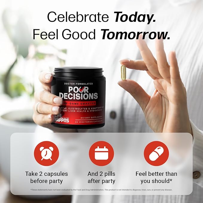 Life Happns Pour Decisions Liver Health Supplement with Milk Thistle, Vitamin B6, Electrolytes - Supports Hydration and Recovery, 60 Capsules