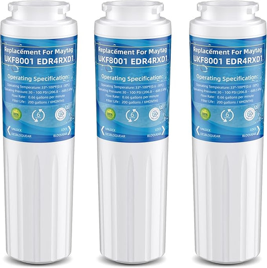 UKF8001 Water Filter Replacement for Whirl-pool EDR4RXD1, Replacement for Every-drop Filter 4, UKF8001AXX-200, UKF8001P, 4396395, 469006, Puriclean II, FMM-2, RWF0900A,Pack of 3