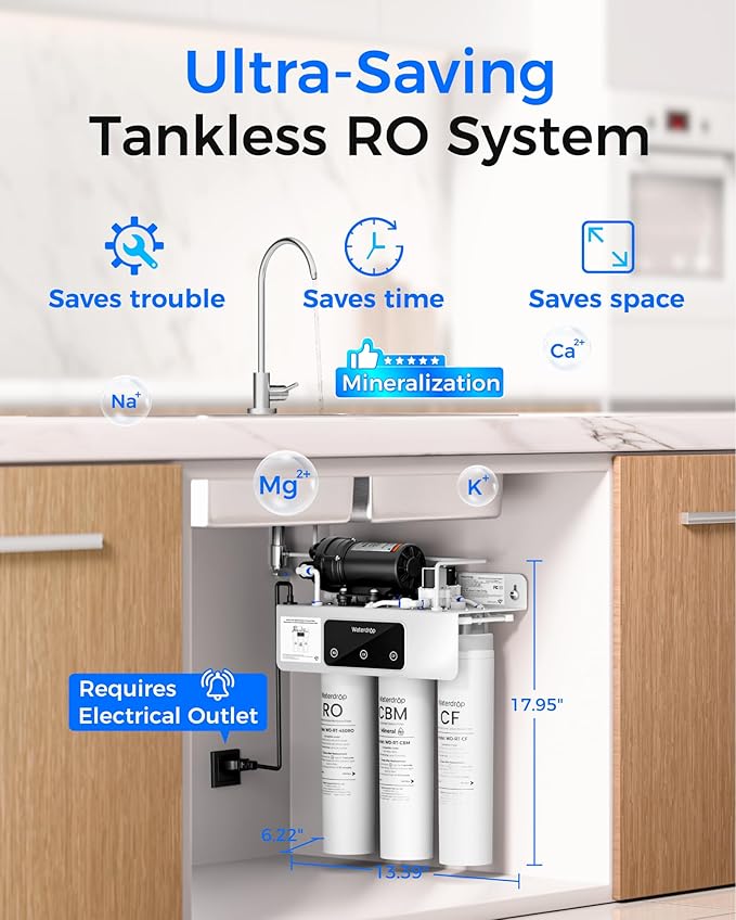 Waterdrop WD-T3-M Remineralization Reverse Osmosis Water Filter, NSF/ANSI 372 Certified, 9-Stage Undersink RO System, 450G Tankless RO Water Filtration System, 2:1 Pure to Drain, Plug-in Required