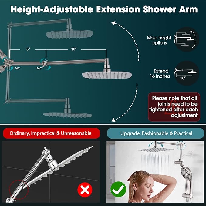 12" x 8" Rectangle High Pressure Rainfall Shower Head with Handheld Combo, 9 Setting Handheld Shower Head, Adjustable Height Shower Extension Arm and Slide Bar for Easy Reach - Brushed Nickel