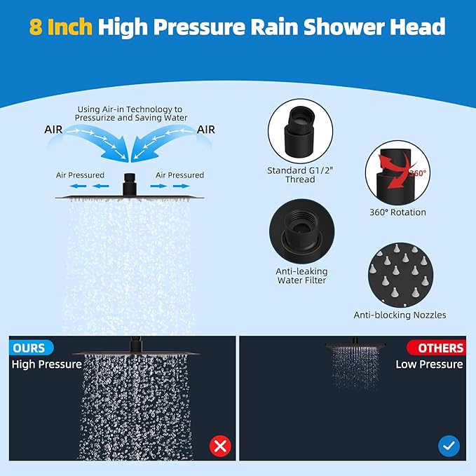 Hibbent All Metal Shower Head, 8'' High Pressure Rainfall Shower Head, Showerhead Combo, Handheld Shower Wand, 12'' Adjustable Curved Extension Arm, 71'' Hose, Shower Head Holder, Oil Rubbed Bronze