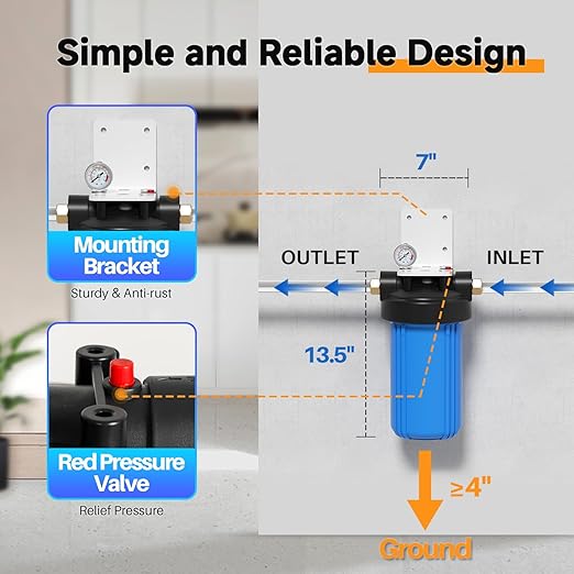 PUREPLUS Whole House Water Filter Housing, 10"x4.5" Sediment Cartridge Universal Housing, Pre-Filtration System, with Pressure Gauge, 1" NPT Port