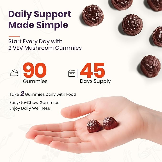 VEV Mushroom Gummies for Adults - 12x Mushroom Supplement with Lions Mane, Reishi, Cordyceps, and Turkey Tail - Ashwagandha - 90 Vegan Gummies