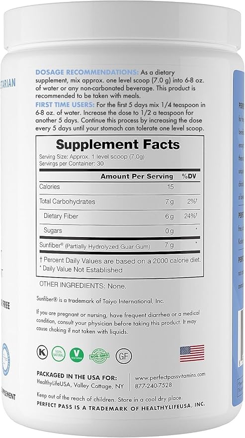 PERFECT PASS Prebiotic PHGG Partially Hydrolyzed Guar Gum 210g Powder - 100% Natural Gluten Free Non GMO - Certified Kosher Vegetarian Sugar Free