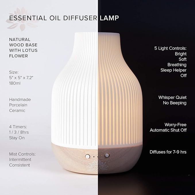 Essential Oil Diffuser Lamp, White Ceramic + Wood, Ultrasonic 180ml, Whispersoft, 4 Timers + 5 Light Settings, Auto Shut Off, Home + Office, Humidifier Air Purifier Aromatherapy