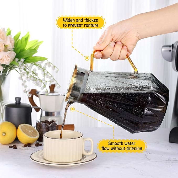 Glass Pitcher with Lid and Spout, Gray Clear Hot & Cold Water Jug with Handle and Lid for Iced Juice, Coffee, Milk, Coffee, Sun Lemonade,Water, Hot Tea (68 oz)