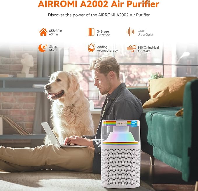 AIRROMI Air Purifiers for Bedroom Home,Up to 658 Ft²,Activated Carbon Filter Cleaner,With Fragrance Sponge for Better Sleep,Night Light,Pet Dander,Allergies,Smoke,Odor,Desktop Air Cleaner A2002Rainbow