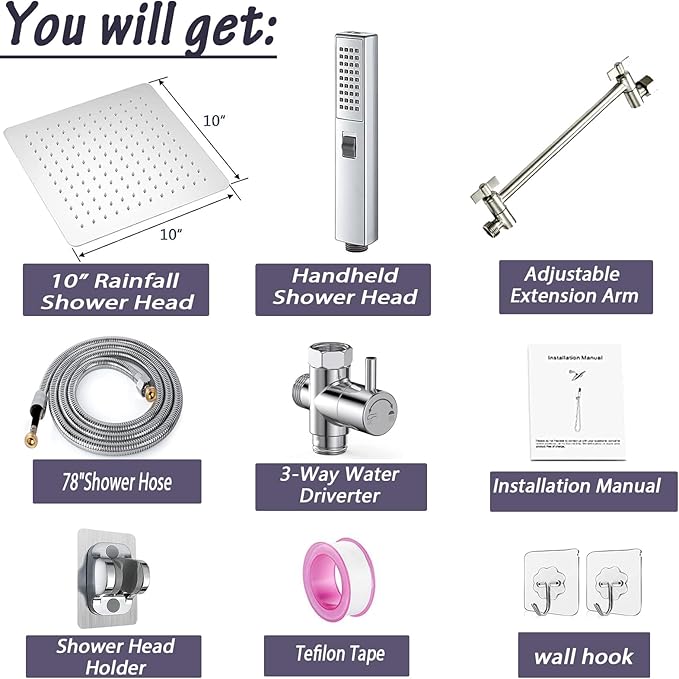 10" High Pressure Square Rainfall Shower Head and 2-in-1 Hand Shower, Equipped with 78"Hose,3 Way Diverter Valve, Adhesive Shower Head Holder (AWAXFOLO Chrome Square Shower Head Set)