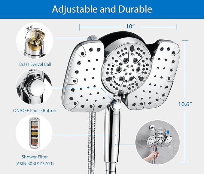 2-in-1 Shower Heads with Handheld 2.5GPM: 10” Rain Shower Head & Hand Held Shower Head, 9 Spray Settings Detachable Shower Head with ON/OFF Switch and 15-Stage Filter