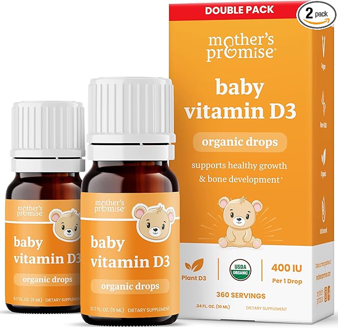 Organic Vitamin D Drops for Babies, Infants & Toddlers | Plant-Based, 400 IU Baby Vitamin D3 Liquid Supplement | Supports Healthy Growth, Bones, Heart & Immune Health for Newborns (2-Pack)