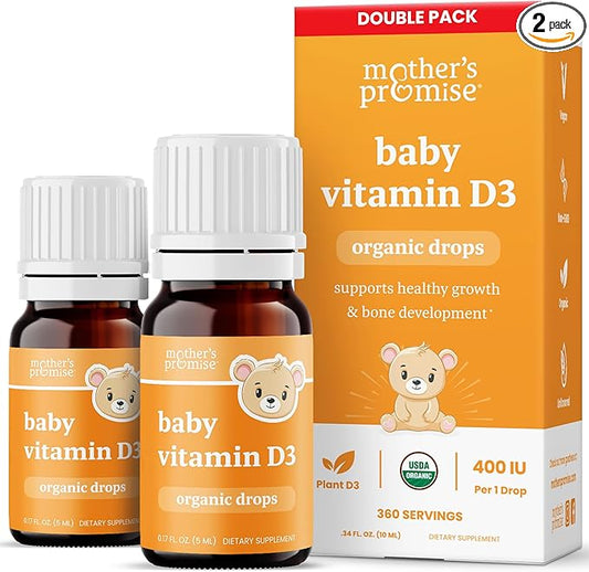 Organic Vitamin D Drops for Babies, Infants & Toddlers | Plant-Based, 400 IU Baby Vitamin D3 Liquid Supplement | Supports Healthy Growth, Bones, Heart & Immune Health for Newborns (2-Pack)