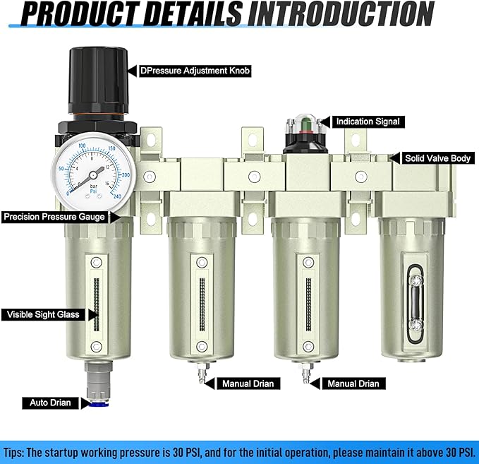 3/4" NPT Heavy Duty Industrial Grade 4 Stage Air Drying System,Auto Drain,Coalescing Filter,Double Particulate Filter,Desiccant Dryer and Air Regulator For Plasma Cutter and Paint Spray