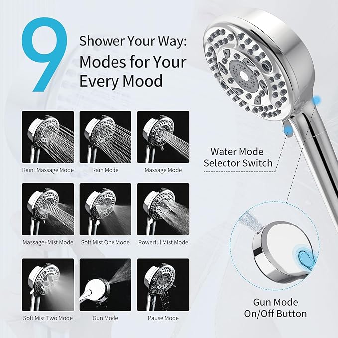 Filtered Shower Head with Handheld, 9 Spray Mode High Pressure Shower Head with 4 Filters, Hard Water Filter Showerhead - Remove Chlorine, Chrome