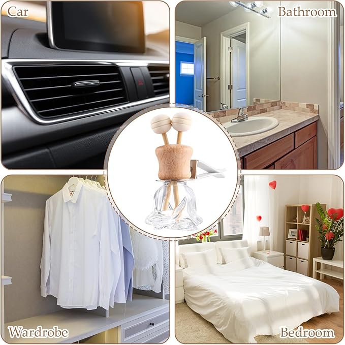 Zubebe 30 Pack Car Air Freshener Diffuser with Vent Clip Empty Car Diffuser Bottles for Essential Oil Perfume Glass Bottle with Wooden Caps Stick(Flower)