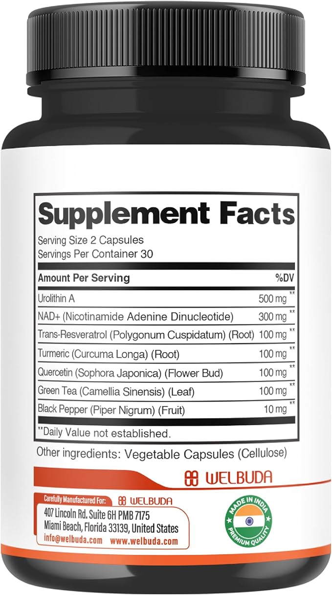 7in1 Urolithin A Capsules 500mg with NAD+, Resveratrol, Curcumin and Quercetin Supplement for Men Women - 60 Capsules - 30 Days Supply