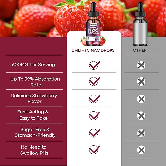 Liposomal Liquid NAC Supplement N-Acetyl Cysteine Drops, N Acetyl Cysteine 600mg with Glutathione, Resveratrol & Zinc for Adults & Kids Liver Lung Antioxidant Immune & Skin Health, Strawberry 2 Fl Oz