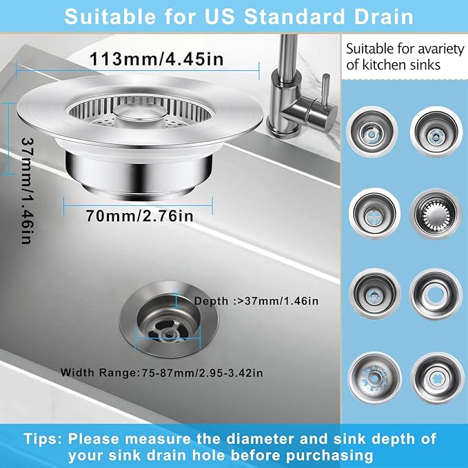 3-in-1 Kitchen Sink Drain Strainer & Stopper, Stainless Steel Food Catcher Plug with Filter Basket, Fits 3-1/2 Inch Drain Hole, Universal Sink Protector Cover, Anti-Clogging, Silver