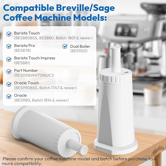 3 Pack Replacement Water Filter for Breville Espresso Machine Barista Pro BES878, Barista Touch Bes880, Oracle Touch BES990, Oracle BES980, Dual Boiler BES920 Bambino ClaroSwiss Sage, BES008WHT0NUC1