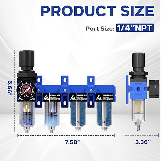 1/4'' NPT Compressed Air Dryer, 4 Stage Air Drying System,Brass Filter, Coalescing Filter,Double Desiccant Dryers & Air Regulator,Metal Bowl, Semi-Auto Drain,Industrial Grade-Blue