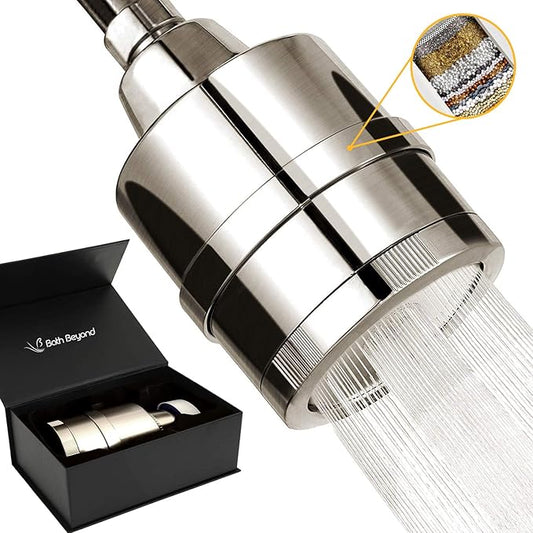 BathBeyond Shower Filter Head 2-in-1 Vitamin C 15 Stage High Output Water Filter With cartridge for Hard Water - Removes Chlorine Fluoride and Improves The Condition of Your Skin, Hair (Nickel)