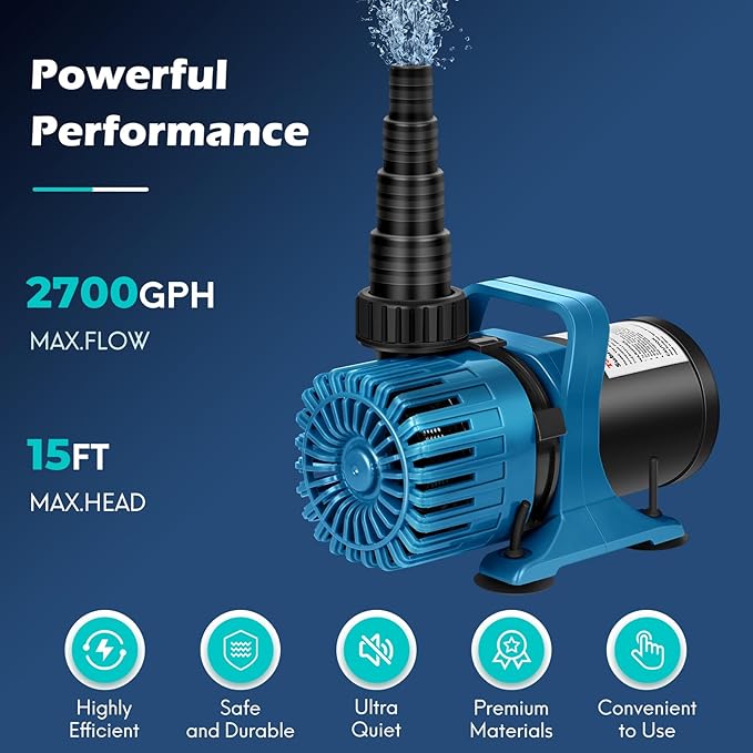120W 2700 GPH Pond Pumps for Outdoor Ponds & Water Garden, 180° Adjustable Water Direction, Pond Fountain Pump with 20FT Power Cord & Barrier Bag, Ultra-Quiet Pond Waterfall Pump, UL Listed
