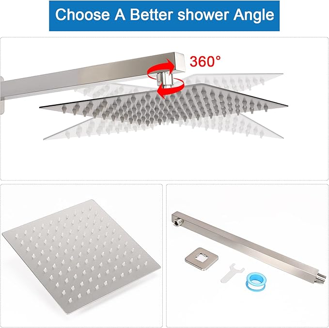 HarJue Shower Head with Extension Arm, High Pressure Square with ShowerArm, Stainless Steel Rainfall-Waterfall Full Body Coverage (10'' Shower with 16'' Arm, Brushed Nickel)