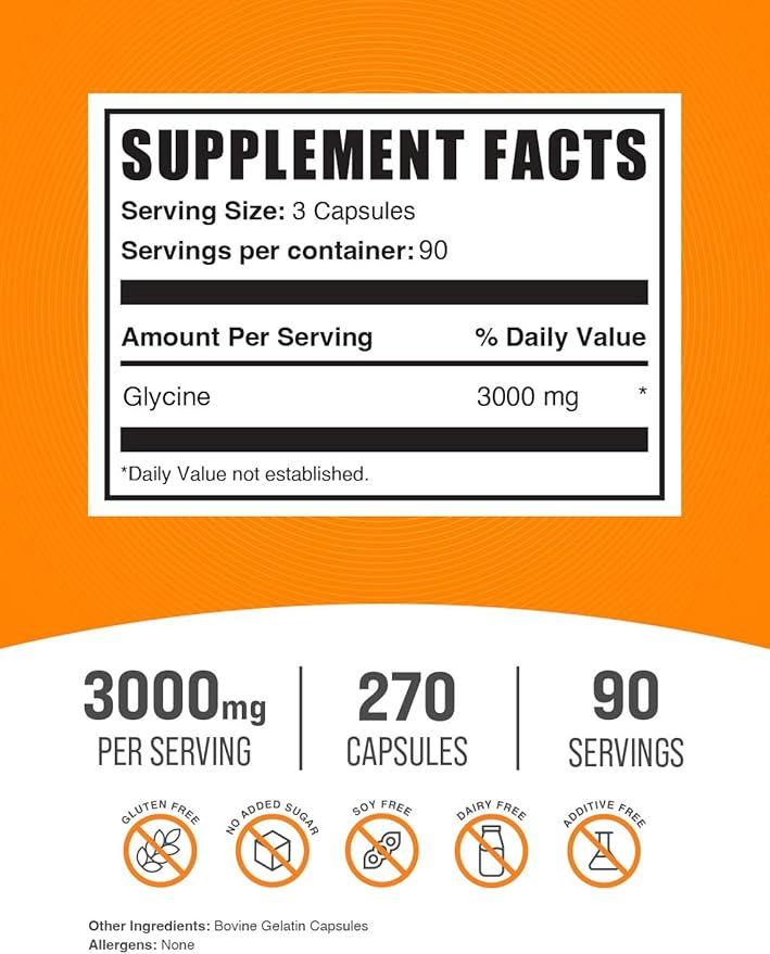 BulkSupplements.com Glycine Capsules - Glycine Supplements, Amino Acid Supplement - Gluten Free, 3 Capsules per Serving (3000mg), 270 Count (Pack of 1)
