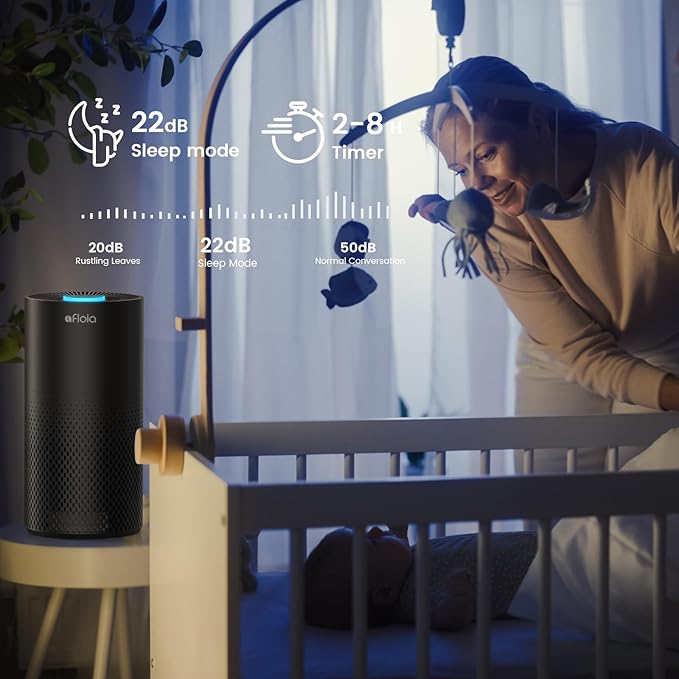 Afloia Air Purifiers for Home Large Room Up to 1076 Ft², 3-Stage Filter Air Purifiers for Bedroom 22 dB, Air Purifiers for Pets Dust Dander Mold Pollen Odor Smoke, Kilo Black, 7 Colors Light