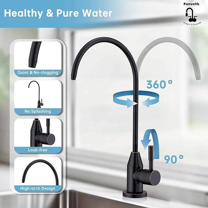 Drinking Water Faucet, 304 Stainless Steel Oil Rubbed Bronze RO Faucet Modern for Under Sink Water Filter System Non-Air Gap 360-degree Swivel Spout