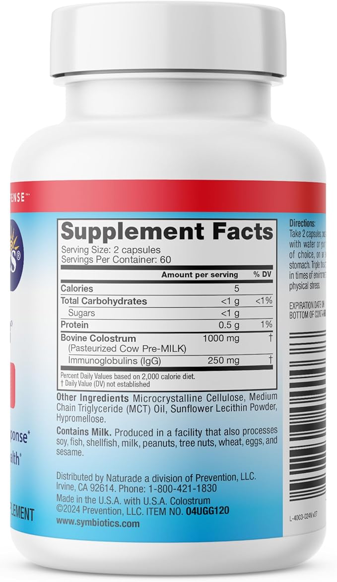 Symbiotics Colostrum 120ct Vegetable Capsules - Immunity Support - Lactoferrin Supplement & Colostrum Protein with Immunoglobulin - 25% lgG Antibodies - Gluten Free