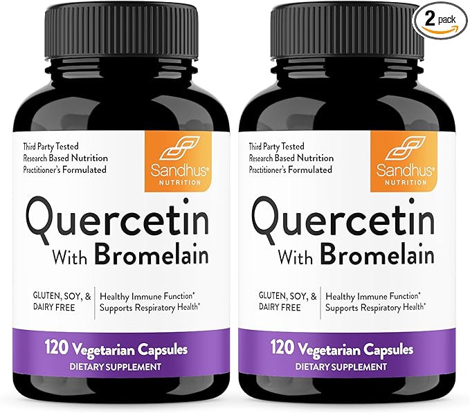 Sandhu's Quercetin with Bromelain Vegetarian Capsules Supplements 120 Count (Pack of 2) | Bioflavonoids for Immune Support & Respiratory Health, Seasonal Allergy Support | Quercitin for Men and Women
